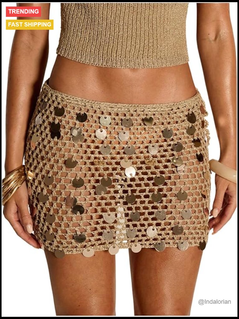Crochet Sequin Mini Skirt Low Waist Y2k Beach Cover Up